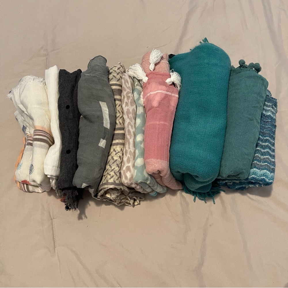 Scarf Bundle Lot – 12 Lightweight Scarves | Neutral, Teal & Patterned